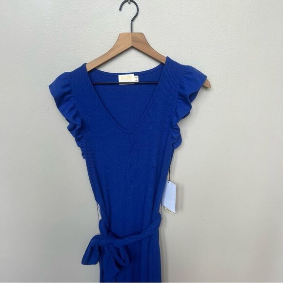 Nation LTD Oriana Ruffled Sash Dress Ribbed Midi Dress Royal Blue Suede NWT - Picture 7 of 14